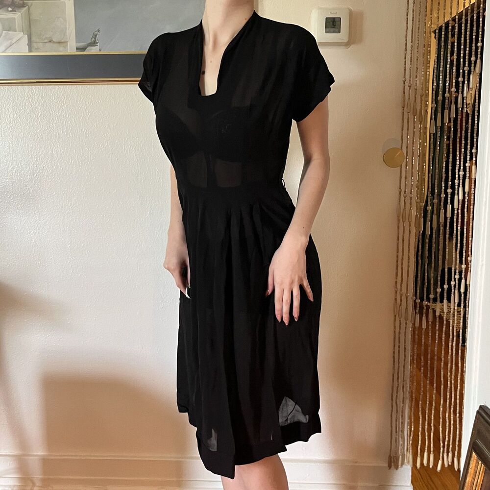 Vintage 40s Handmade Black Mesh Shirt Dress Size S